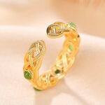 Buddha Stones 925 Sterling Silver Plated Gold Cyan Jade Braided Design Success Luck Adjustable Ring Ring BS 3
