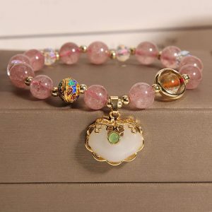 Buddha Stones Strawberry Quartz Green Crystal Amethyst Healing Chinese Lock Charm Bracelet Bracelet BS Strawberry Quartz(Wrist Circumference 14-16cm)