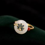 Buddha Stones 925 Sterling Silver Natural Hetian White Jade Peacock Blessing Necklace Pendant Ring Earrings Set Bracelet Necklaces & Pendants BS Ring(Adjustable)