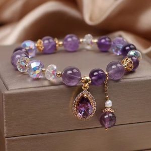 Buddha Stones Natural Amethyst Zircon Love Heart Healing Soul Charm Bracelet Bracelet BS Amethyst(Spiritual Awareness♥Inner Peace)