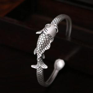 Buddha Stones 990 Sterling Silver Koi Fish Lotus Luck Wealth Bracelet Bangle Bracelet Bangle BS Koi Fish (Luck ♥ Prosperity)