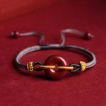 Buddha Stones Handmade Cinnabar Peace Buckle Blessing Braided Rope Bracelet Bracelet BS Gray Rope(Wrist Circumference 14-23cm)