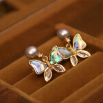 Buddha Stones 18K Gold Plated Copper Natural Shell Pearl Butterfly Sincerity Stud Earrings 4