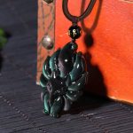 Buddha Stones Natural Rainbow Obsidian Gold Sheen Obsidian Nine Tailed Fox Positive Necklace Pendant Necklaces & Pendants BS 1