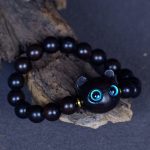 Buddha Stones Ebony Wood Liuli Glass Lovely Cat Peace Balance Bracelet Bracelet BS 10