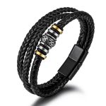 Buddha Stones Leather Layered Titanium Steel Balance Braided Bracelet Bracelet BS Black