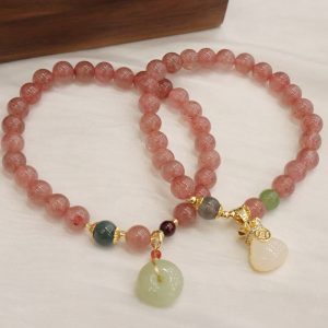 Buddha Stones Natural Strawberry Quartz Jade Peace Buckle Coin Purse Healing Bracelet Bracelet BS main