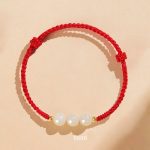 Buddha Stones Handcrafted Round Jade Lucky Bead Prosperity Braided Bracelet Bracelet BS 8mm Three Beads Red(Wrist Circumference 14-17cm)