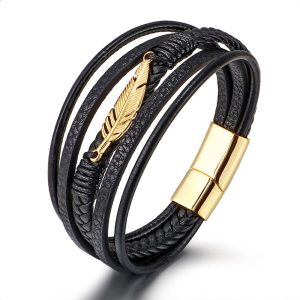 Buddha Stones Feather Pattern Multilayer Leather Titanium Steel Calm Braided Magnetic Buckle Bracelet Bracelet BS Gold 21.5cm