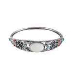 Buddha Stones Cyan Jade White Jade Flower Leaf Harmony Luck Bracelet Bangle Bracelet Bangle BS 12