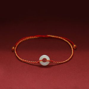 Buddha Stones Round Peace Buckle Jade Luck Abundance Braided Bracelet Anklet Bracelet BS Anklet(Anklet Circumference 21-27cm)