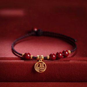 Buddha Stones Cinnabar Bead Fu Character Charm Blessing Braided String Bracelet Bracelet BS Cinnabar