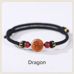 Buddha Stones Natural Peach Wood Chinese Zodiac Fu Character Carved Cinnabar Wealth Bracelet Bracelet BS Dragon-Black(Wrist Circumference 14-22cm)