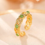 Buddha Stones 925 Sterling Silver Plated Gold Cyan Jade Braided Design Success Luck Adjustable Ring Ring BS Gold