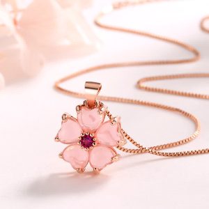 Buddha Stones Pink Crystal Love Heart Flower Soothing Necklace Pendant Necklaces & Pendants BS Pink Crystal&Copper