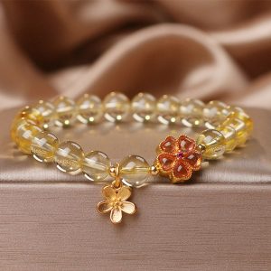 Buddha Stones Natural Citrine Flower Charm Prosperity Protection Bracelet Bracelet BS Citrine(Wrist Circumference 14-16cm)