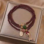Buddha Stones Natural Garnet Strawberry Quartz Crystal Fox Koi Fish Peace Buckle Fortune Protection Triple Wrap Bracelet Bracelet BS 7