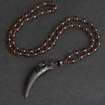 Buddha Stones Natural Ice Obsidian Wolf Tooth Pattern Courage Necklace Pendant Necklaces & Pendants BS 63*14mm Ice Obsidian&Brown Bead Chain