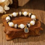 Buddha Stones Tibetan Zakiram Goddess of Wealth Charm Liuli Glass Incense Ash Porcelain Bead Protection Bracelet Bracelet BS White Porcelain White Liuli Glass Bead