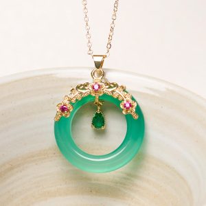 Buddha Stones Green Chalcedony Peace Buckle Design Strength Necklace Pendant 1
