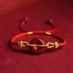 Buddha Stones Handmade Cinnabar Peace Buckle Blessing Braided Rope Bracelet Bracelet BS Red Rope(Wrist Circumference 14-23cm)