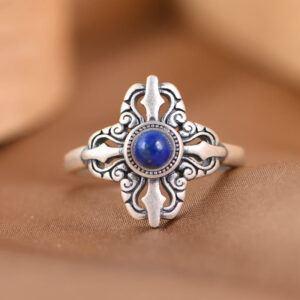 Buddha Stones Tibet 925 Sterling Silver Natural Lazurite Positive Adjustable Ring Ring BS Lazurite Ring(Finger Circumference: 13-18# )