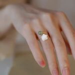 Buddha Stones 14K Gold Plated Tridacna Stone Rose Flower Jade Bead Blessing Ring Ring BS 6