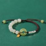 Buddha Stones 925 Sterling Silver Hetian Jade Peace Buckle Beaded Luck Happiness Charm Bracelet Bracelet BS Dark Brown