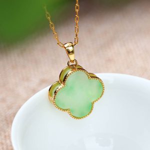 Buddha Stones Four Leaf Clover Jade Pattern Luck Necklace Pendant Necklaces & Pendants BS Jade(Prosperity♥Abundance)