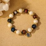 Buddha Stones Tibetan Zakiram Goddess of Wealth Charm Liuli Glass Incense Ash Porcelain Bead Protection Bracelet Bracelet BS Beige Porcelain Multicolored Liuli Glass Bead