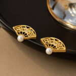 Buddha Stones 925 Sterling Silver Posts Fan Pattern Pearl Copper Wisdom Stud Drop Earrings Earrings BS 3