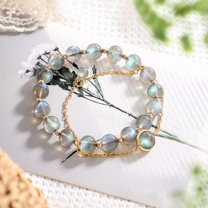 Buddha Stones 14k Gold Plated Natural Moonstone Healing Love Bracelet Bracelet BS 2Pcs(Moonstone&14K Gold Plated Moonstone)(Wrist Circumference 14-16cm)