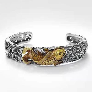 Buddhastoneshop Koi Fish Grass Pattern Prosperity Wealth Bracelet Bangle