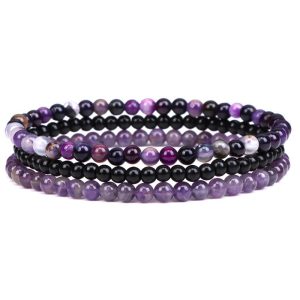 Buddha Stones 3Pcs Natural Crystal Stone Inner Peace Spiritual Bracelet Bracelet BS Amethyst&Black Glass Beads(Wrist Circumference 15-19cm)