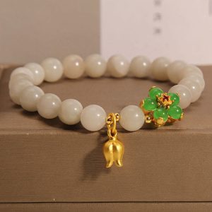 Buddha Stones Natural Jade Green Flower Lily Of The Valley Luck Bracelet Bracelet BS Jade(Wrist Circumference 14-16cm)