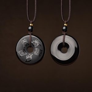 Buddha Stones Black Obsidian Taoism Five Sacred Mountains Carved Strength Peace Buckle Necklace Pendant Key Chain Phone Hanging Decoration Necklaces & Pendants BS main