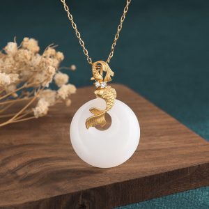 Buddha Stones White Jade Koi Fish Wealth Prosperity Necklace Pendant Necklaces & Pendants BS Koi Fish(Luck♥Prosperity)