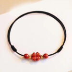 Buddha Stones Cinnabar Four Leaf Clover Blessing String Rope Anklet Anklet BS Black Anklet(Circumference 30cm)