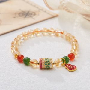 Buddha Stones Natural Citrine Red Agate Green Chalcedony Protection Bracelet Bracelet BS Citrine (Wrist Circumference: 14-16cm)