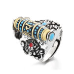 Buddha Stones Tibetan Om Mani Padme Hum Garuda Dzi Bead Pattern Peace Rotatable Ring Ring BS 8