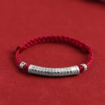 Buddha Stones Handmade 999 Sterling Silver Om Mani Padme Hum Heart Sutra Carved Luck Rope Bracelet Anklet Bracelet Anklet BS Anklet(Circumference 18-30cm) Dark Red