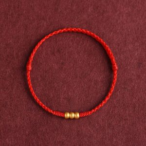 Buddha Stones 999 Gold Mini Three Beads Design Handmade Luck Rope Bracelet Anklet Bracelet BS Anklet(Circumference 18-30cm) Red