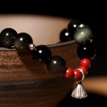 Buddha Stones Natural Black Obsidian Cinnabar Lotus Charm Strength Fulfillment Bracelet Bracelet BS 5
