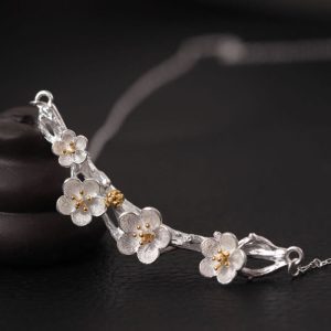 Buddha Stones 925 Sterling Silver Plum Bossom Protection Necklace Pendant Necklaces & Pendants BS 925 Sterling Silver Plum Bossom