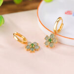 Buddha Stones 925 Sterling Silver Plated Gold Green Jade Flower Design Luck Prosperity Earrings Earrings BS 1