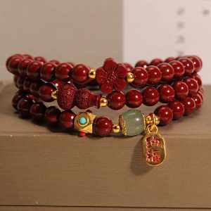 Buddha Stones Cinnabar Fu Character Flower Gourd Triple Wrap Blessing Bracelet Bracelet BS Cinnabar (Wrist Circumference 16-18cm)
