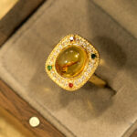 Buddha Stones Natural Amber Flower Square Support Full Diamond Confidence Ring Ring BS 3