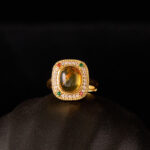 Buddha Stones Natural Amber Flower Square Support Full Diamond Confidence Ring Ring BS 8