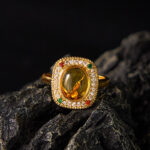 Buddha Stones Natural Amber Flower Square Support Full Diamond Confidence Ring Ring BS 1