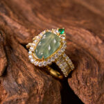 Buddha Stones Copper Plated Gold Natural Jade Leaf Full Diamond Luck Adjustable Ring Ring BS 1